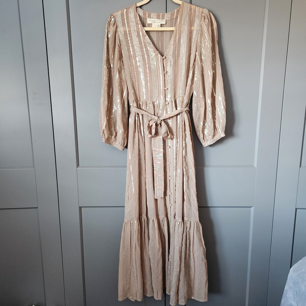 New Saltwater Luxe Sequin Balloon Sleeve Maxi Dress S Champagne Anthropologie